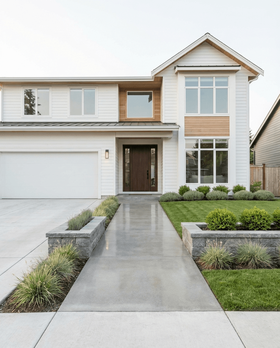Clean modern home exterior with sharp walkway and curb appeal.